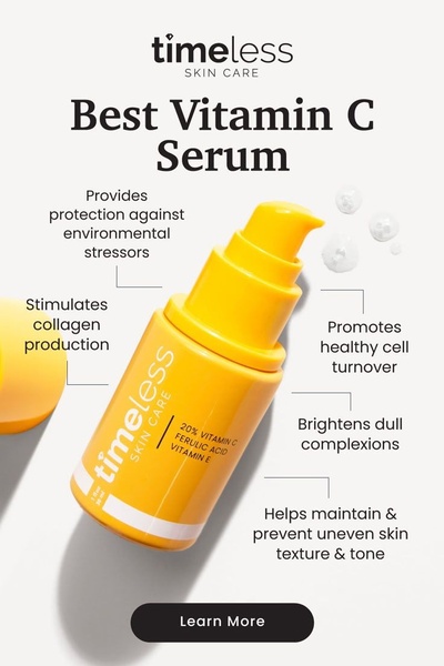 A clean, high-contrast product shot featuring a Vitamin C serum bottle with descriptive callout lines explaining the skin benefits.